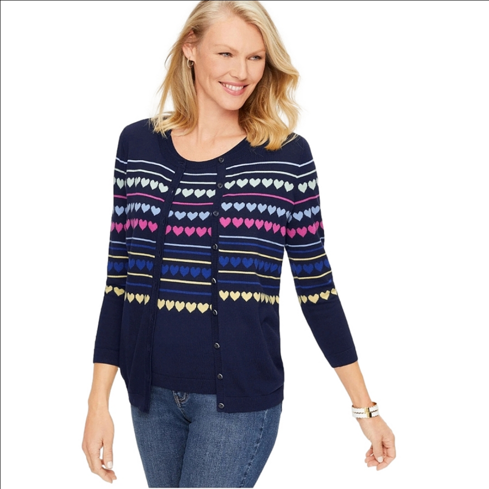 Talbots Charming Navy Cardigan & Shell Set with Multi Color Hearts & Stripes Y2K